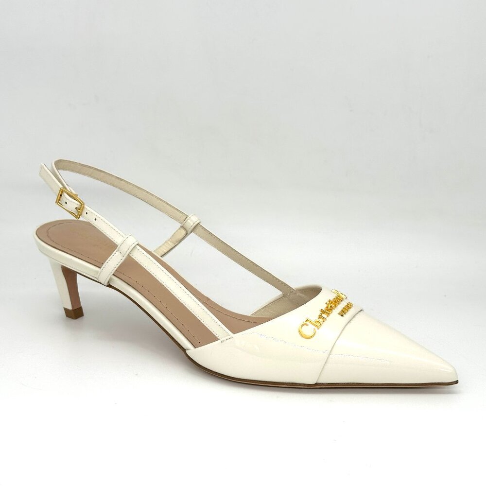 DIOR MY 50 Patent Leather Slingback Sandals Kitten Heels Pumps Shoes Ivory - Picture 12 of 16